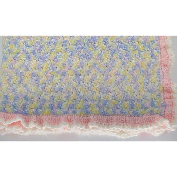 Handmade Crochet Baby Blanket Girl Pink White Blue Ruffed Trim Hygge Soft Fuzzy - Picture 2 of 8